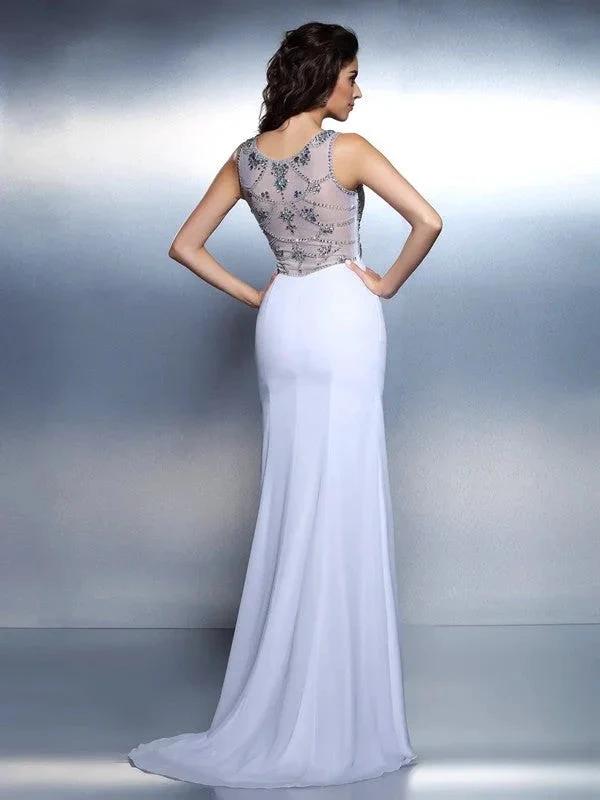 Gorgeous Mermaid Bateau Beading Sleeveless Long Chiffon Prom Dresses by misshow.com