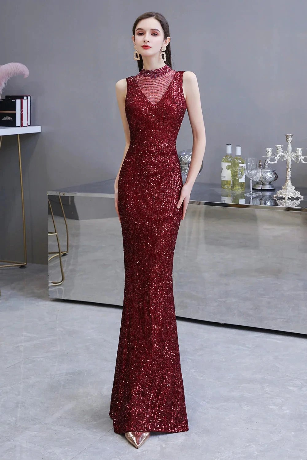 Gorgeous Mermaid Burgundy Sequins Long Prom Dress by BIZTUNNEL