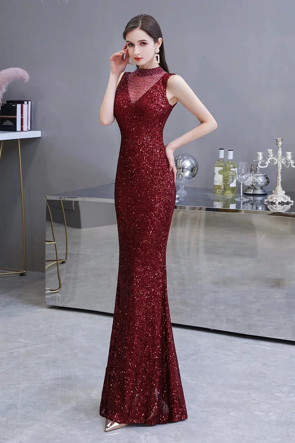 Gorgeous Mermaid Burgundy Sequins Long Prom Dress by BIZTUNNEL
