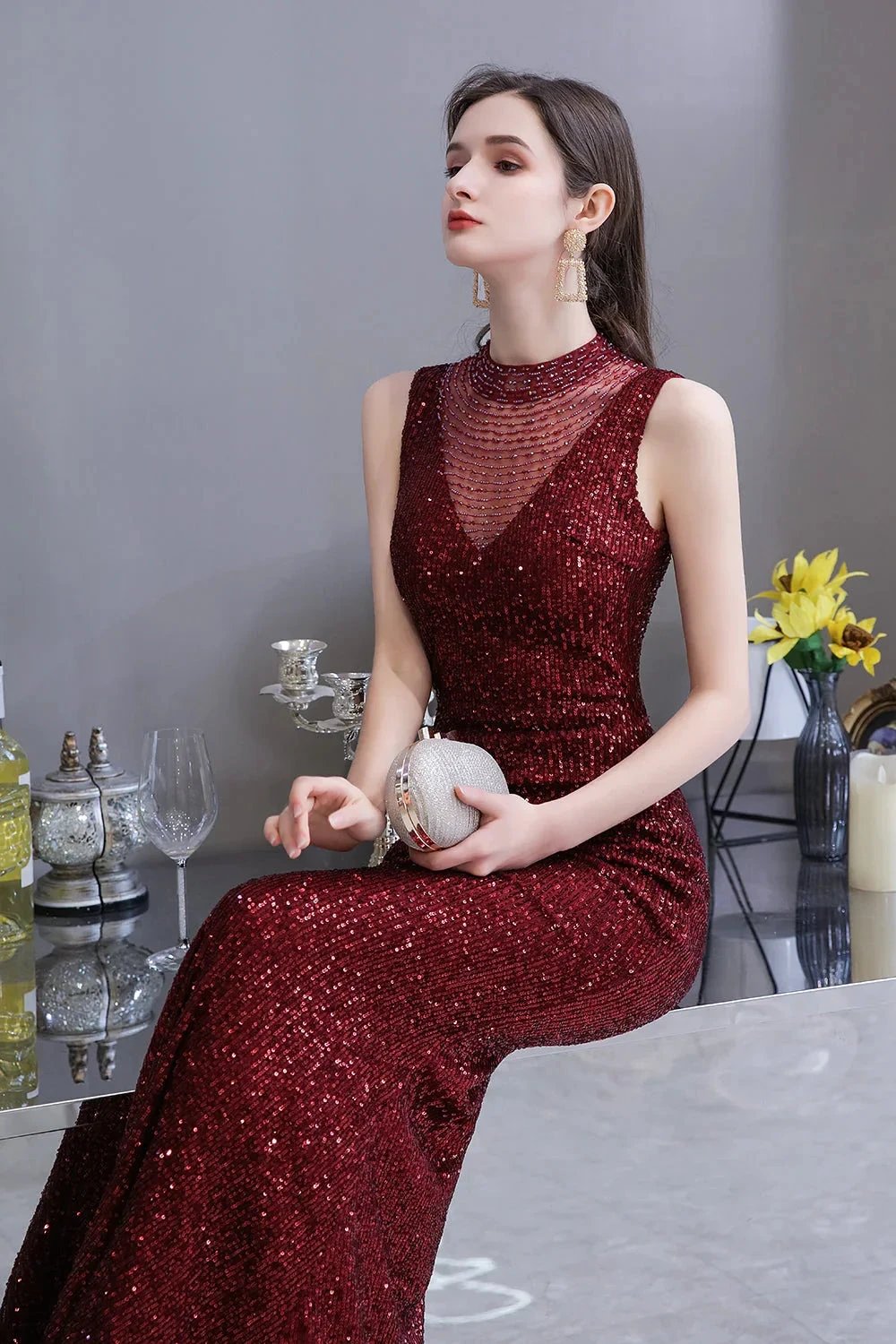 Gorgeous Mermaid Burgundy Sequins Long Prom Dress by BIZTUNNEL