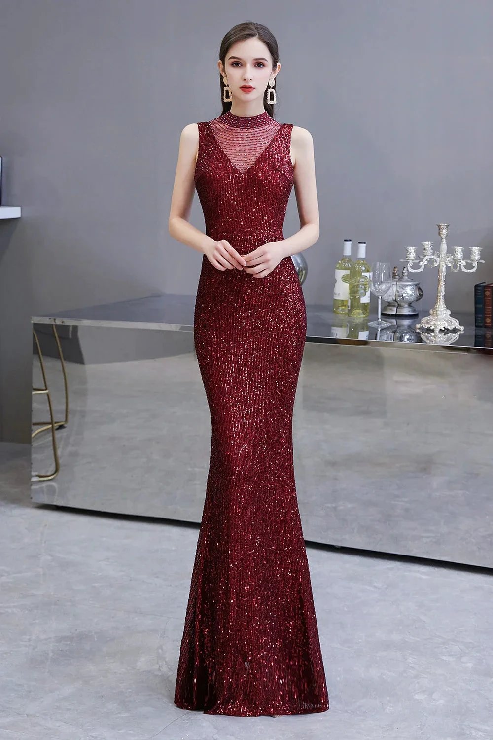Gorgeous Mermaid Burgundy Sequins Long Prom Dress by BIZTUNNEL