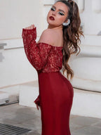 Gorgeous Mermaid Elastic Woven Satin Applique Off-the-Shoulder Long Sleeves Prom Dresses