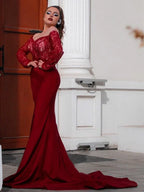 Gorgeous Mermaid Elastic Woven Satin Applique Off-the-Shoulder Long Sleeves Prom Dresses