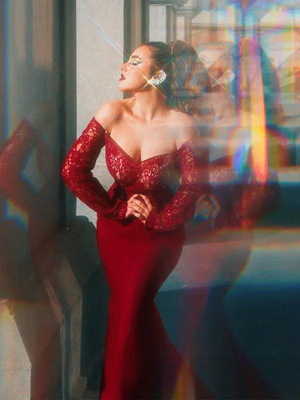 Gorgeous Mermaid Elastic Woven Satin Applique Off-the-Shoulder Long Sleeves Prom Dresses