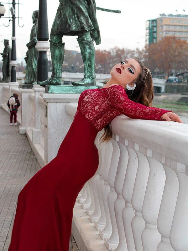 Gorgeous Mermaid Elastic Woven Satin Applique Off-the-Shoulder Long Sleeves Prom Dresses