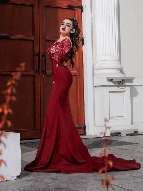Gorgeous Mermaid Elastic Woven Satin Applique Off-the-Shoulder Long Sleeves Prom Dresses