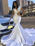 Gorgeous Mermaid Elastic Woven Satin Beading V-neck Long Sleeves Court Train Prom Dresses by misshow.com