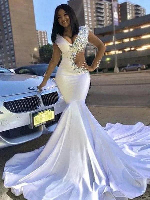 Gorgeous Mermaid Elastic Woven Satin Beading V-neck Long Sleeves Court Train Prom Dresses by misshow.com