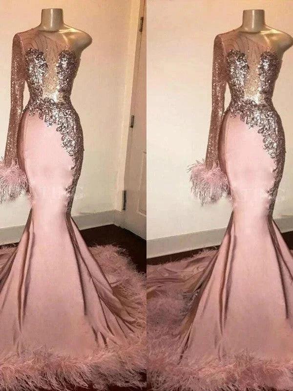 Gorgeous Mermaid Elastic Woven Satin Feathers/Fur One-Shoulder Long Sleeves Prom Dresses by misshow.com