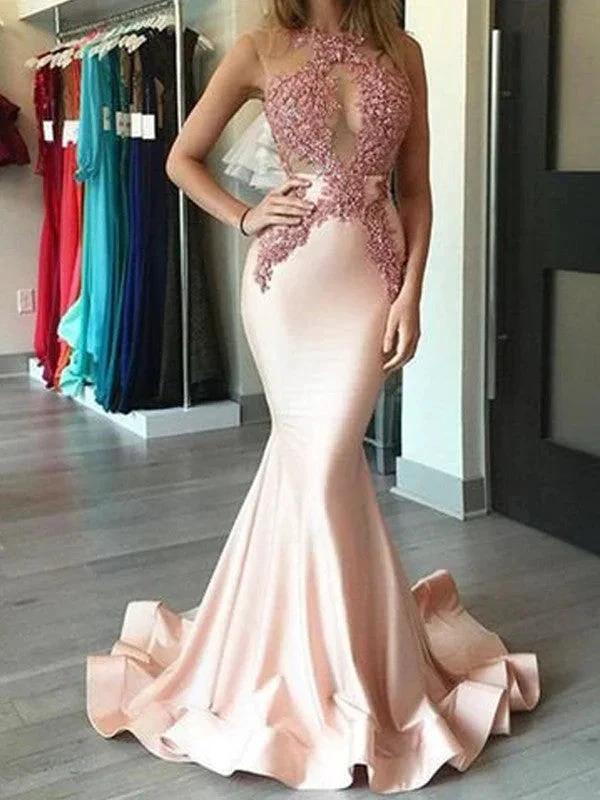Gorgeous Mermaid Halter Satin Sleeveless Applique Prom Dresses by misshow.com