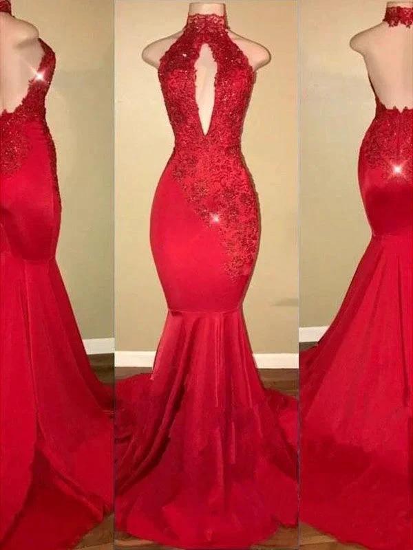 Gorgeous Mermaid Halter Sleeveless Applique Charmeuse Prom Dresses by misshow.com
