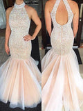 Gorgeous Mermaid Halter Sleeveless Beading Tulle Prom Dresses by misshow.com
