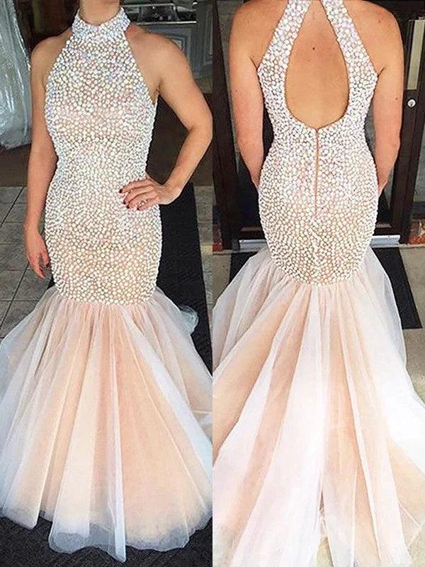 Gorgeous Mermaid Halter Sleeveless Beading Tulle Prom Dresses by misshow.com