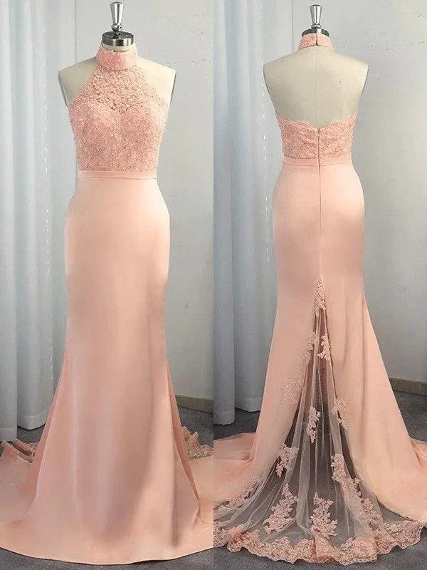 Gorgeous Mermaid Halter Sleeveless Satin Lace Prom Dresses by misshow.com