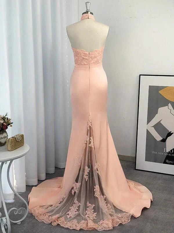 Gorgeous Mermaid Halter Sleeveless Satin Lace Prom Dresses by misshow.com
