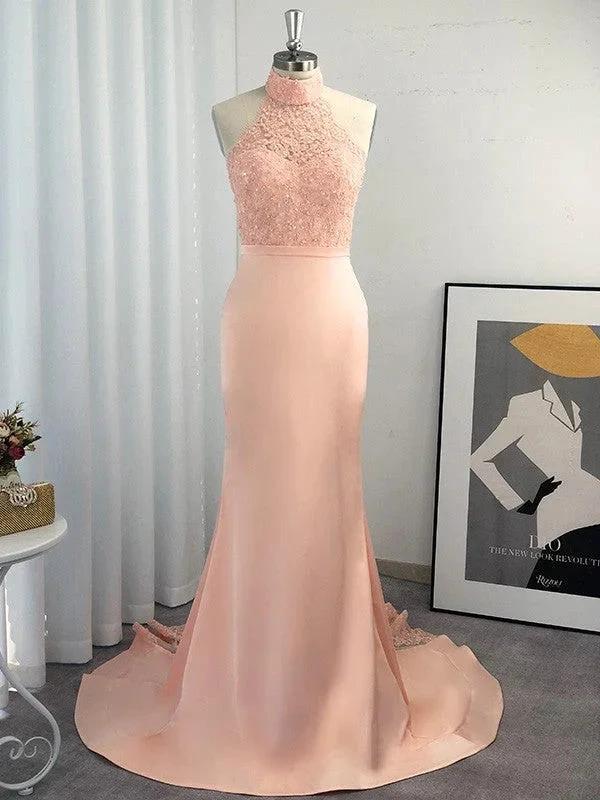 Gorgeous Mermaid Halter Sleeveless Satin Lace Prom Dresses by misshow.com
