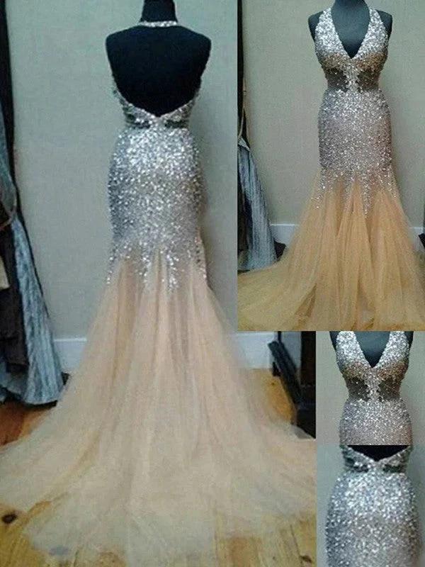 Gorgeous Mermaid Halter Sleeveless Tulle Sequin Court Train Prom Dresses by misshow.com