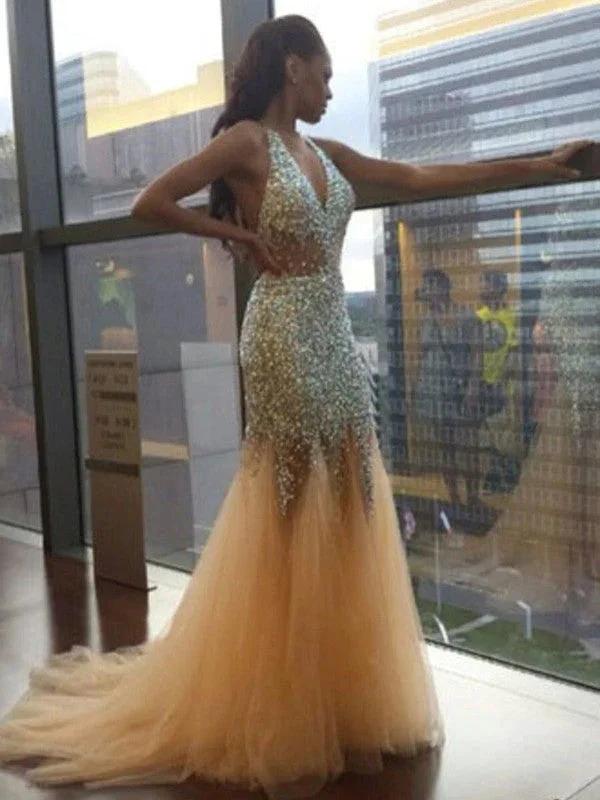 Gorgeous Mermaid Halter Sleeveless Tulle Sequin Court Train Prom Dresses by misshow.com