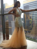 Gorgeous Mermaid Halter Sleeveless Tulle Sequin Court Train Prom Dresses by misshow.com