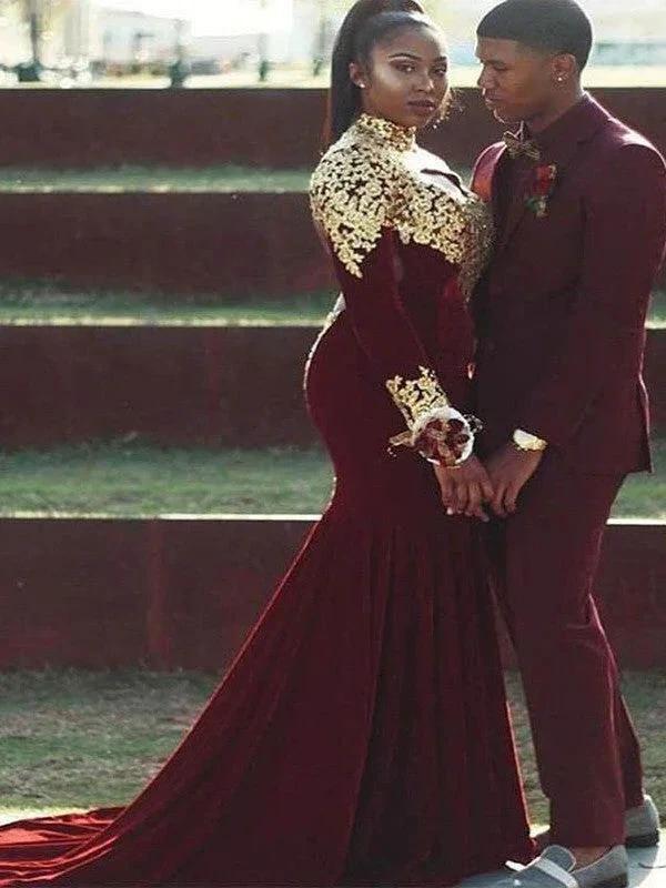 Gorgeous Mermaid High Neck Long Sleeves Applique Court Train Velvet Plus Size Prom Dresses by misshow.com