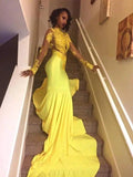 Gorgeous Mermaid High Neck Long Sleeves Applique Satin Prom Dresses by misshow.com