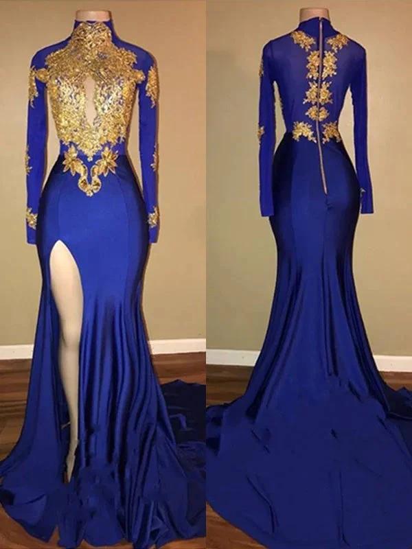 Gorgeous Mermaid High Neck Long Sleeves Applique Spandex Prom Dresses by misshow.com