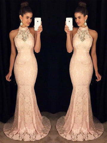 Gorgeous Mermaid High Neck Sleeveless Ruffles Lace Prom Dresses
