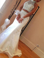Gorgeous Mermaid High Neck Sleeveless Satin Beading Two Piece Prom Dresses by misshow.com
