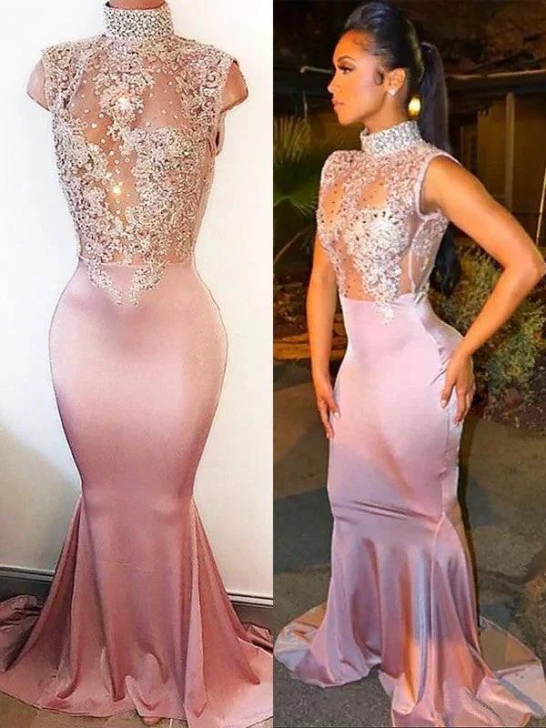 Gorgeous Mermaid High Neck Sleeveless Silk like Satin Lace Prom Dresses by misshow.com