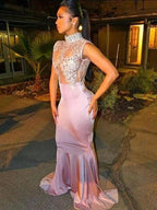 Gorgeous Mermaid High Neck Sleeveless Silk like Satin Lace Prom Dresses by misshow.com
