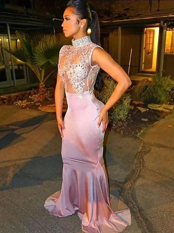 Gorgeous Mermaid High Neck Sleeveless Silk like Satin Lace Prom Dresses by misshow.com