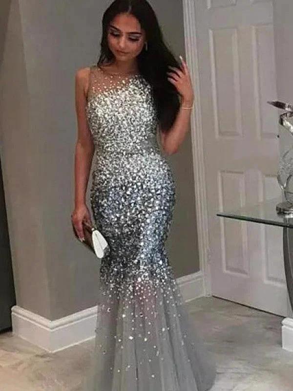 Gorgeous Mermaid Jewel Sleeveless Floor-Length Sequin Tulle Prom Dresses by misshow.com