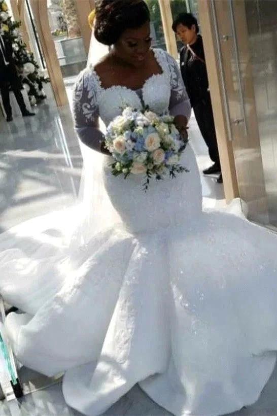 Gorgeous Mermaid Lace Wedding Dress Chapel Train Long Sleeves Appliques Bridal Gowns by misshow.com