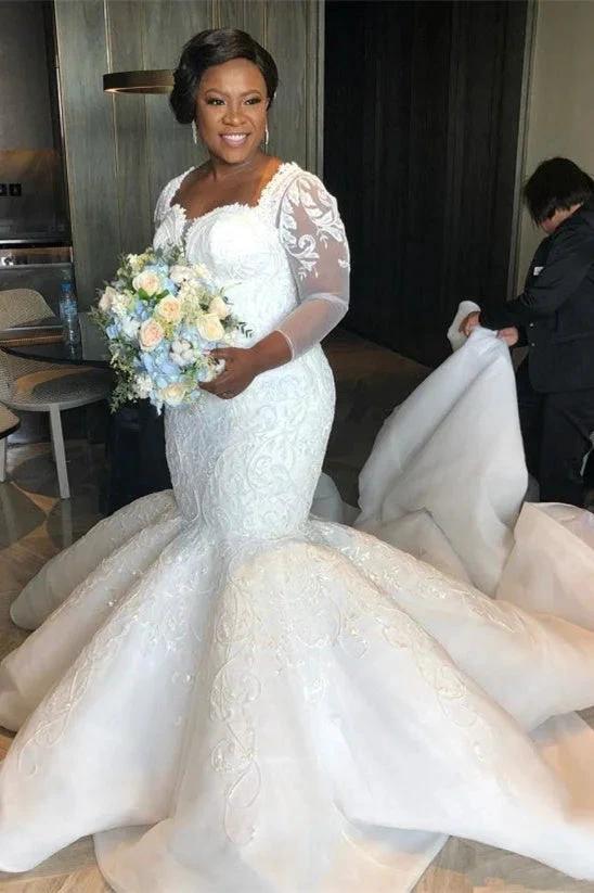 Gorgeous Mermaid Lace Wedding Dress Chapel Train Long Sleeves Appliques Bridal Gowns by misshow.com