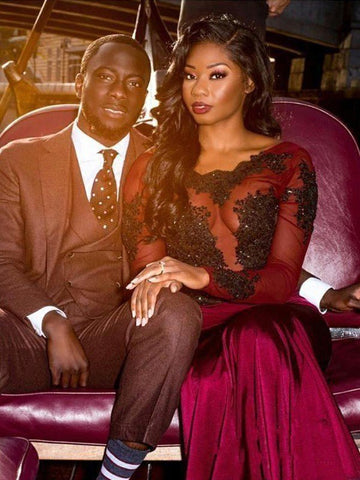 Gorgeous Mermaid Long Sleeves Bateau Court Train Applique Spandex Prom Dresses