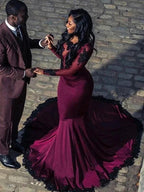 Gorgeous Mermaid Long Sleeves Bateau Court Train Applique Spandex Prom Dresses by misshow.com