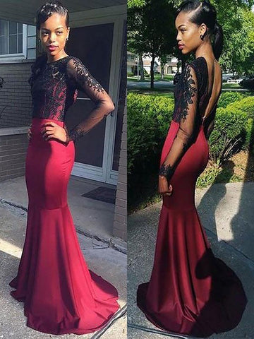 Hermosos vestidos de fiesta de satén elástico tejido con mangas largas y corte sirena