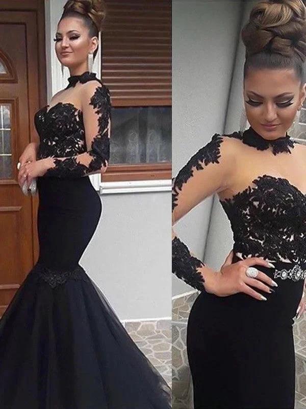 Gorgeous Mermaid Long Sleeves High Neck Floor-Length Applique Tulle Prom Dresses by misshow.com
