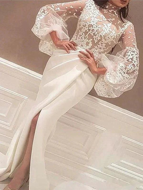 Gorgeous Mermaid Long Sleeves High Neck Lace Stretch Crepe Prom Dresses by misshow.com
