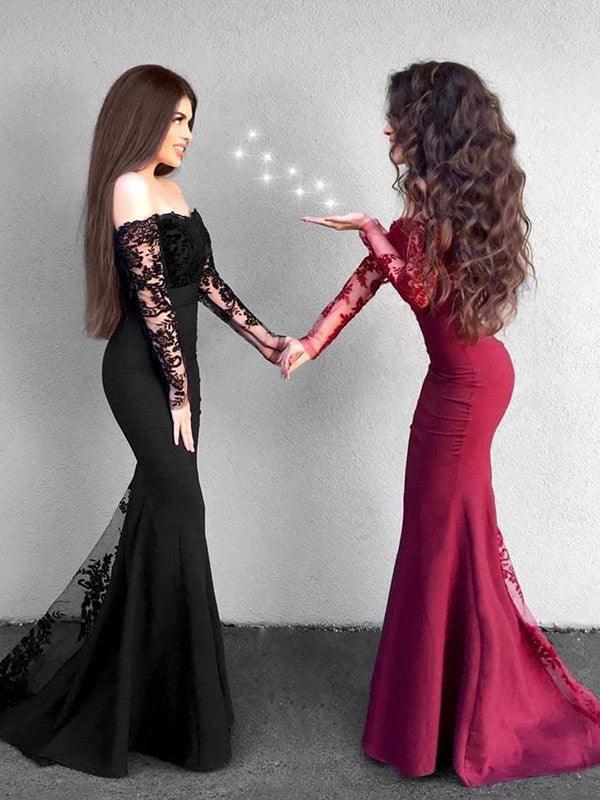 Gorgeous Mermaid Long Sleeves Off-the-Shoulder Applique Stretch Crepe Prom Dresses by misshow.com