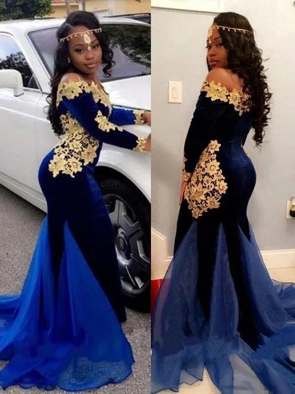 Gorgeous Mermaid Long Sleeves Off-the-Shoulder Applique Velvet Prom Dresses by misshow.com