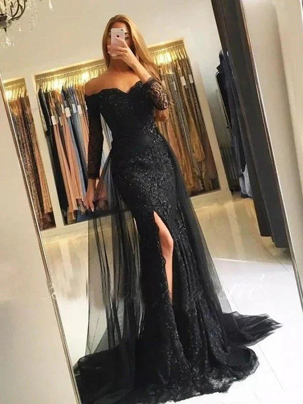 Gorgeous Mermaid Long Sleeves Off-the-Shoulder Tulle Lace Prom Dresses by misshow.com