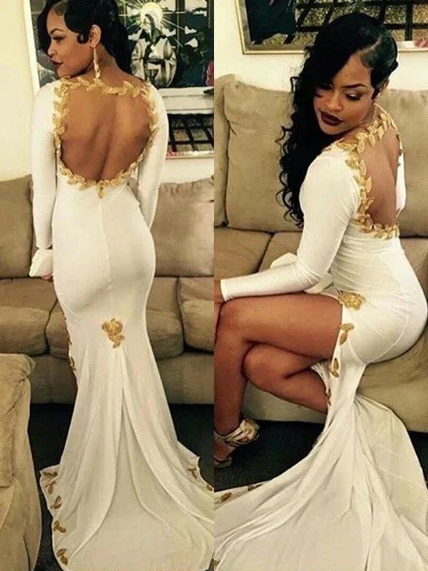 Gorgeous Mermaid Long Sleeves Scoop Applique Spandex Prom Dresses by misshow.com