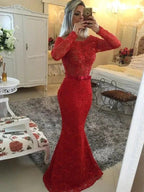 Gorgeous Mermaid Long Sleeves Scoop Lace Sash/Ribbon/Belt Prom Dresses by misshow.com