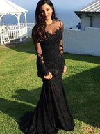 Gorgeous Mermaid Long Sleeves Sheer Neck Applique Spandex Prom Dresses by misshow.com