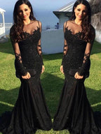 Gorgeous Mermaid Long Sleeves Sheer Neck Applique Spandex Prom Dresses by misshow.com