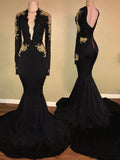 Gorgeous Mermaid Long Sleeves V-neck Applique Spandex Prom Dresses by misshow.com