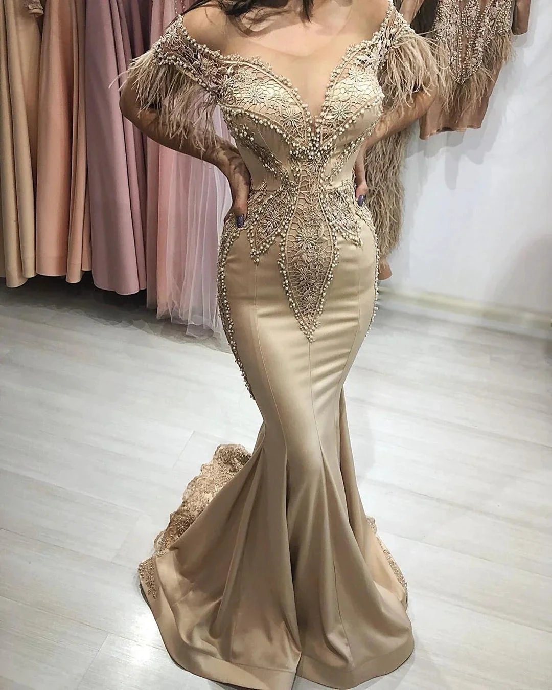 Gorgeous Mermaid Off-the-shoulder Long Prom Dress with Sleeves by BIZTUNNEL