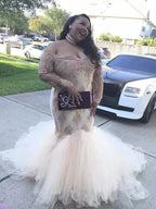 Gorgeous Mermaid Off-the-Shoulder Long Sleeves Applique Court Train Tulle Plus Size Prom Dresses by misshow.com