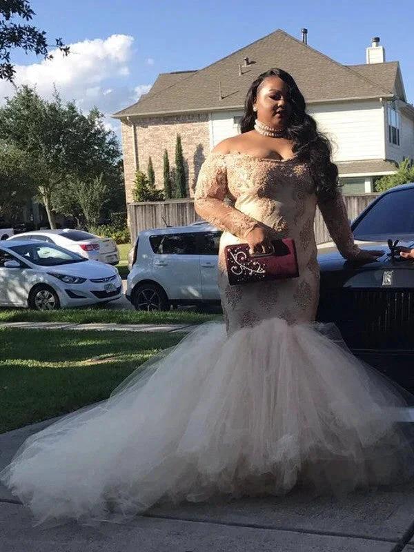 Gorgeous Mermaid Off-the-Shoulder Long Sleeves Applique Court Train Tulle Plus Size Prom Dresses by misshow.com